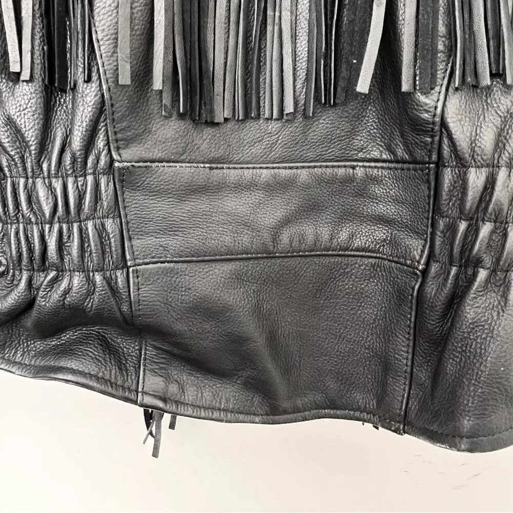 Unik Vintage Biker 80’s Fringe Leather Jacket Black Size M removable liner - Picture 12 of 13